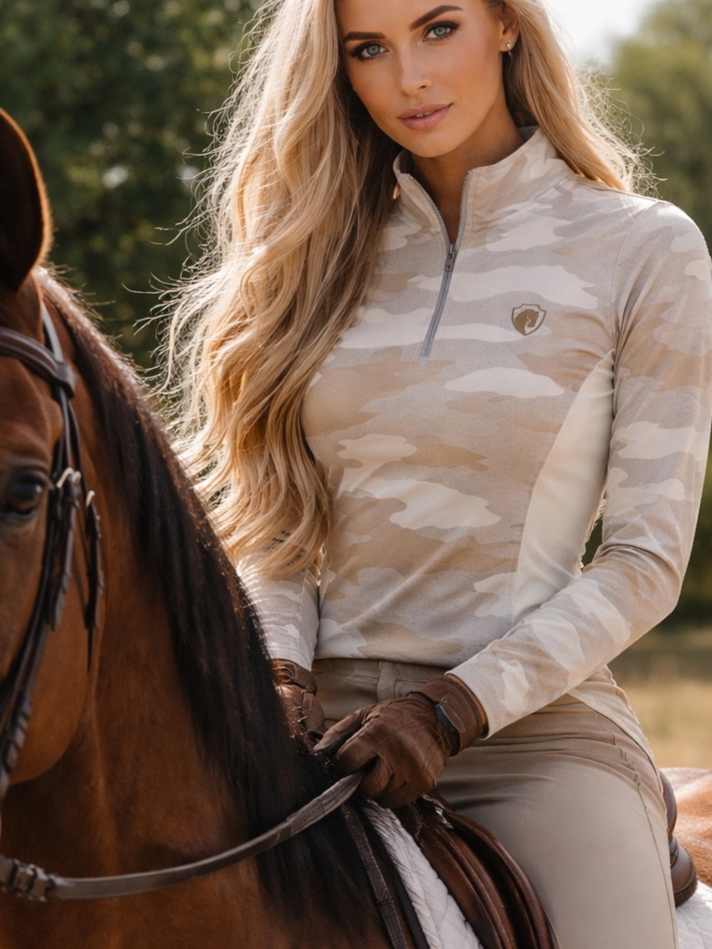 Arista Equestrian Quarter Zip Camo Riding Top Mesh Sleeve Performance